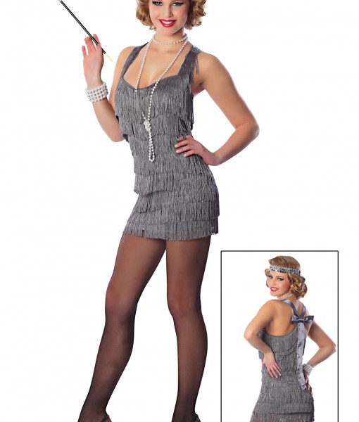 Sexy Silver Lindy Lace Flapper Costume