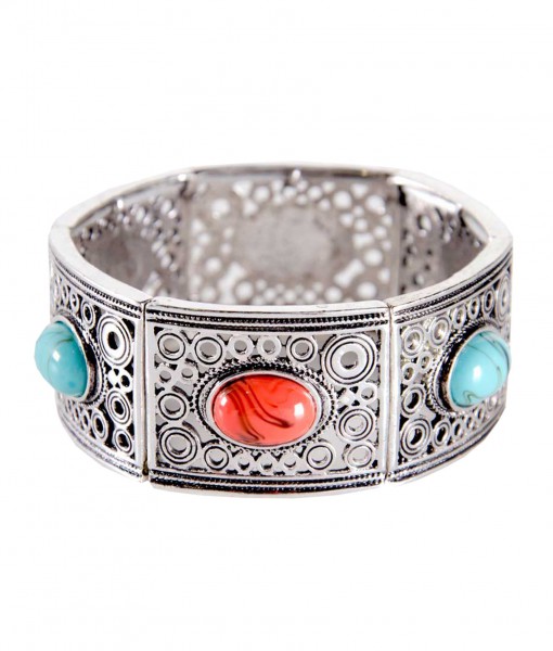 Turquoise and Coral Stone Silver Bracelet