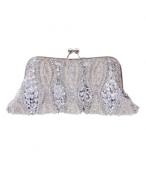 Silver Beaded Bag with Long Chain