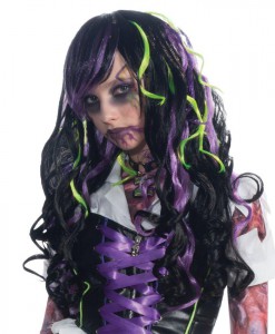 Black with Purple and Green Streaks Child Wig