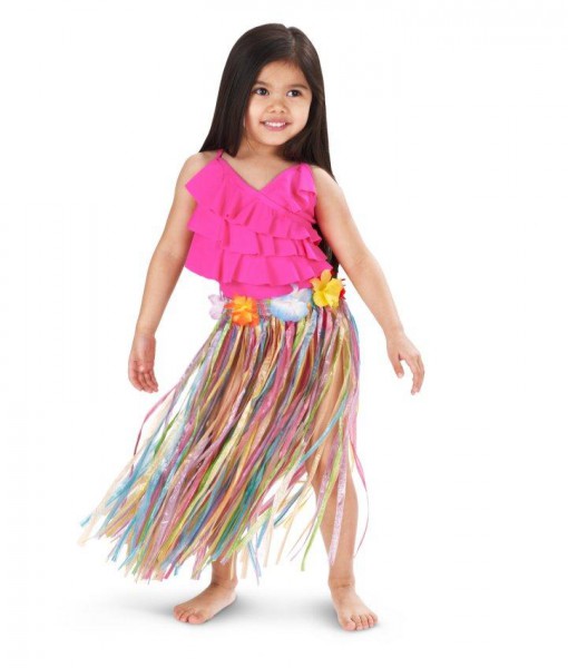 Child Multi-Color Artificial Grass Hula Skirt with Floral Waistband